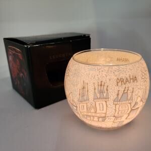 Leuchtglas Candle Holder PRAHA (Prague) Hand painted Skyline Grey Cream w/ Box